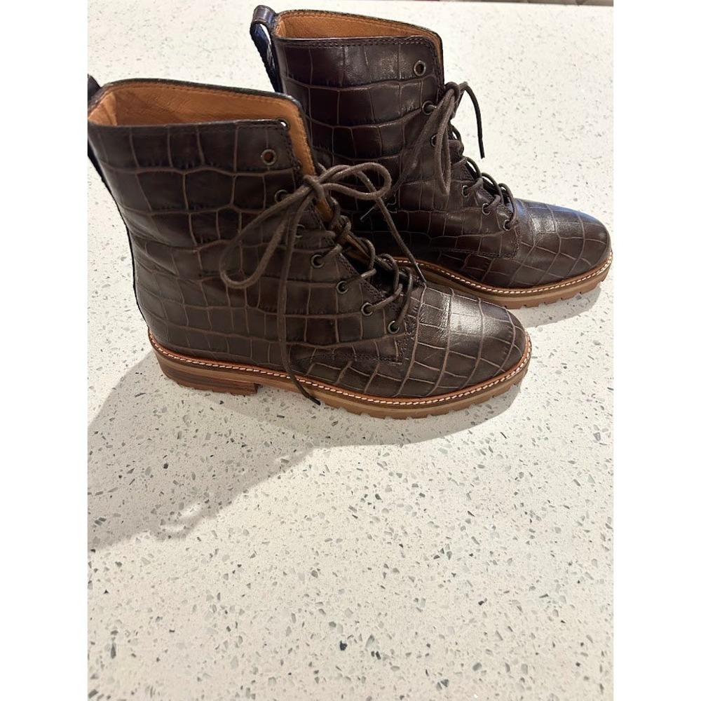 Madewell The Clair Lace-Up Boots Croc‎ Emboss Leather Women's Brown Ankle Size 6 - Picture 4 of 11